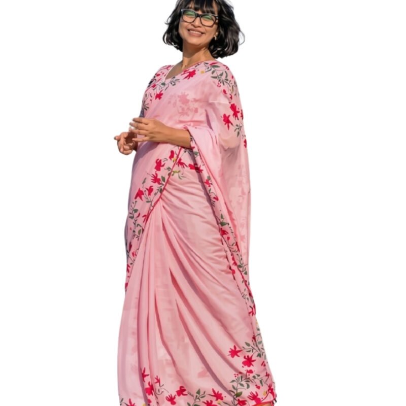 Women's Linen Floral Printed Saree With Unstitched Blouse - 5.5 Mtr (Pink) - Image 2