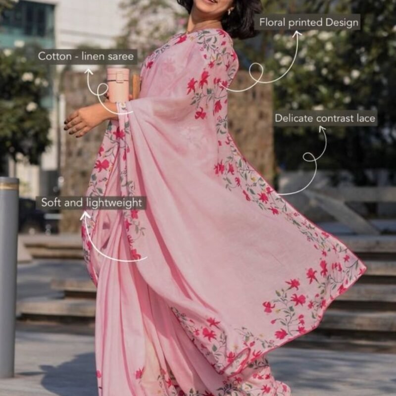 Women's Linen Floral Printed Saree With Unstitched Blouse - 5.5 Mtr (Pink) - Image 3