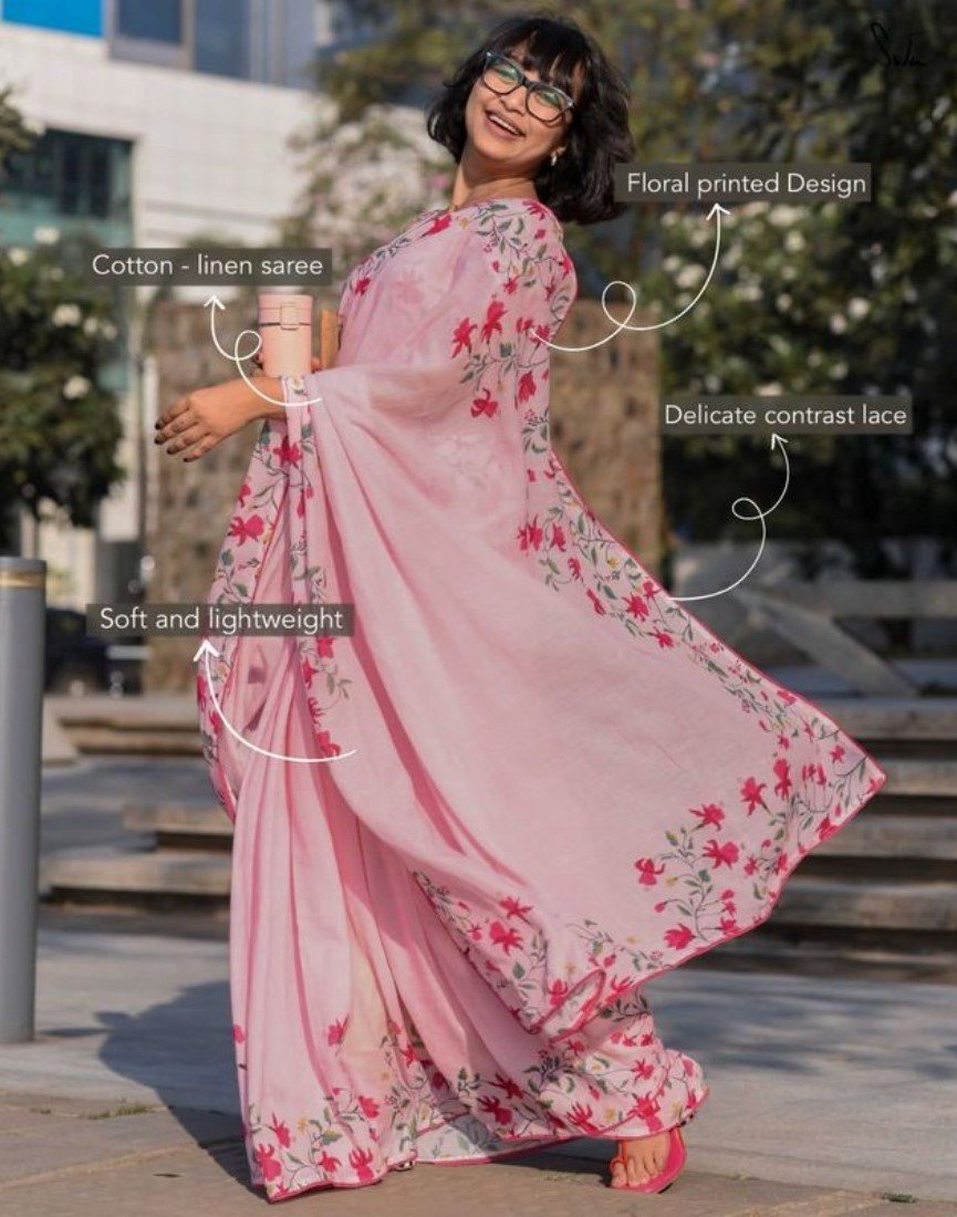 Women's Linen Floral Printed Saree With Unstitched Blouse - 5.5 Mtr (Pink) - Image 3
