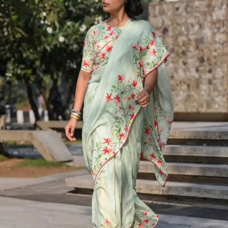 Women's Linen Floral Printed Saree With Unstitched Blouse - 5.5 Mtr (Light Green)