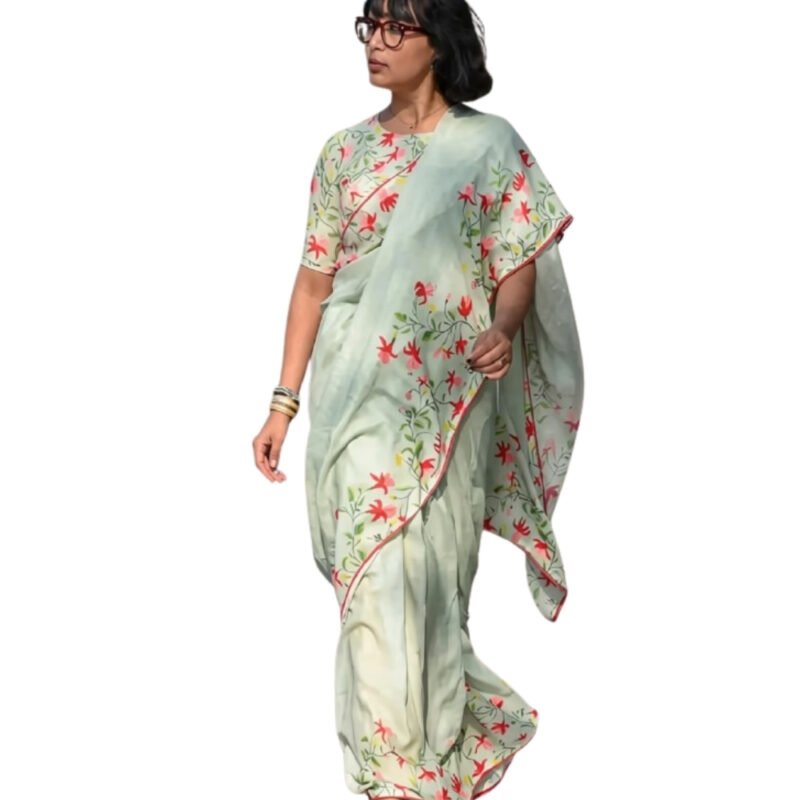 Women's Linen Floral Printed Saree With Unstitched Blouse - 5.5 Mtr (Light Green) - Image 2