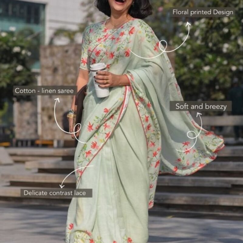 Women's Linen Floral Printed Saree With Unstitched Blouse - 5.5 Mtr (Light Green) - Image 3
