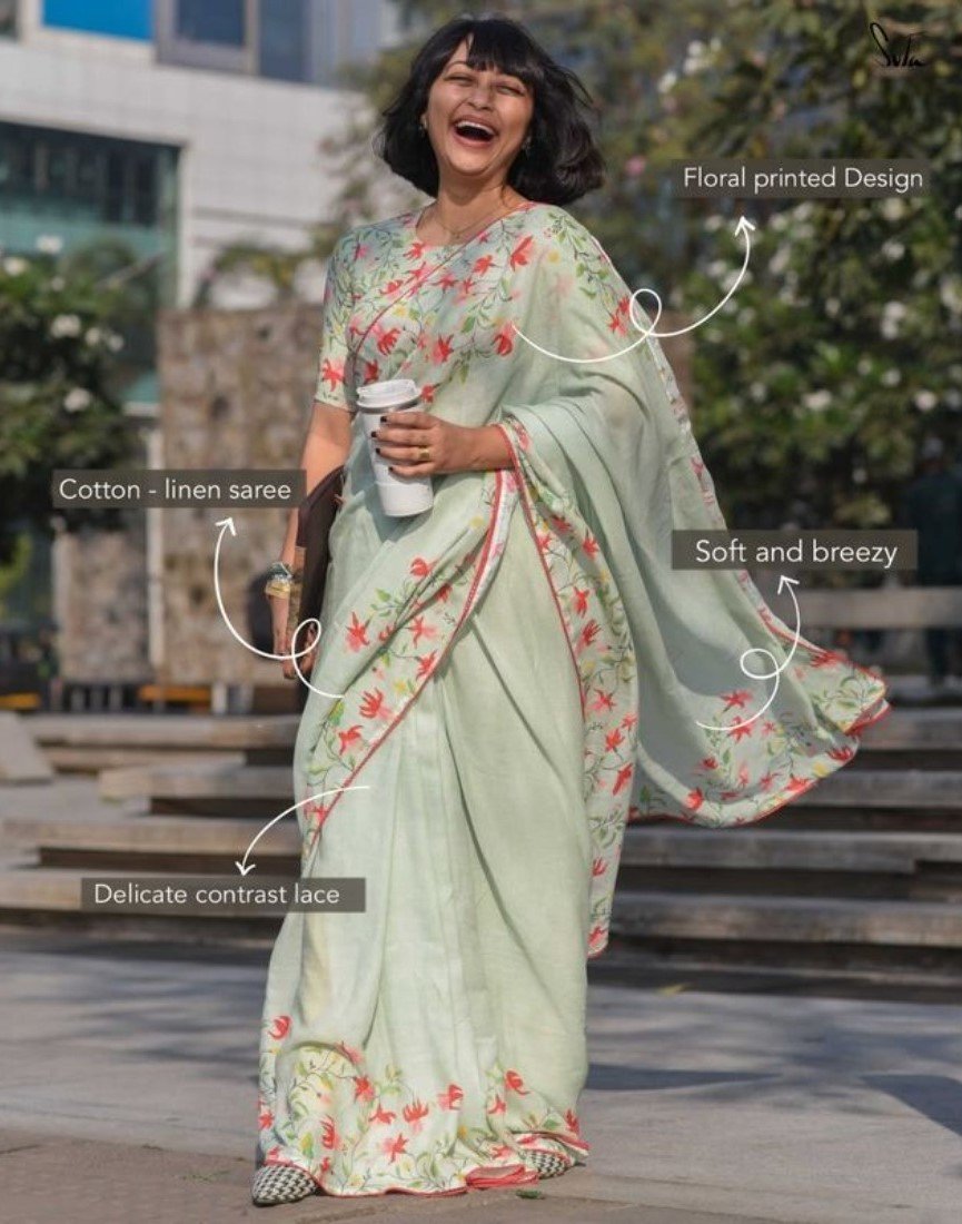 Women's Linen Floral Printed Saree With Unstitched Blouse - 5.5 Mtr (Light Green) - Image 3