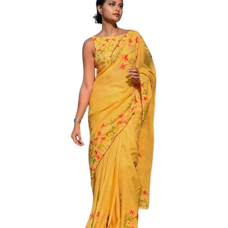 Women's Linen Floral Printed Saree With Unstitched Blouse - 5.5 Mtr (Yellow) - Image 2