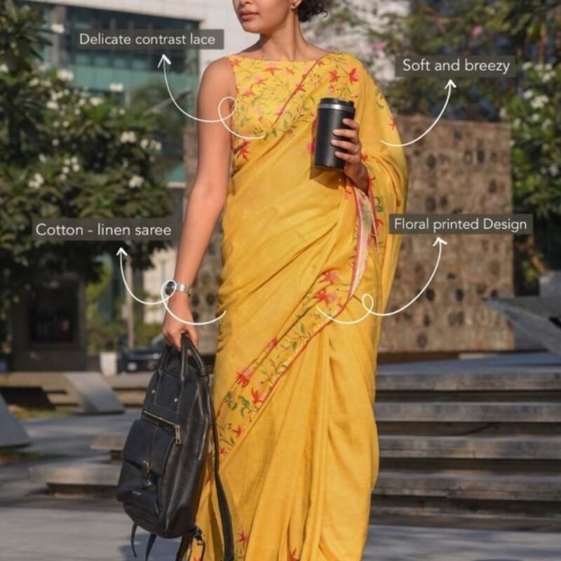 Women's Linen Floral Printed Saree With Unstitched Blouse - 5.5 Mtr (Yellow) - Image 3