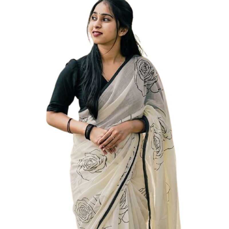 Women's Linen Floral Printed Saree With Unstitched Blouse - 5.5 Mtr (White-Black) - Image 2