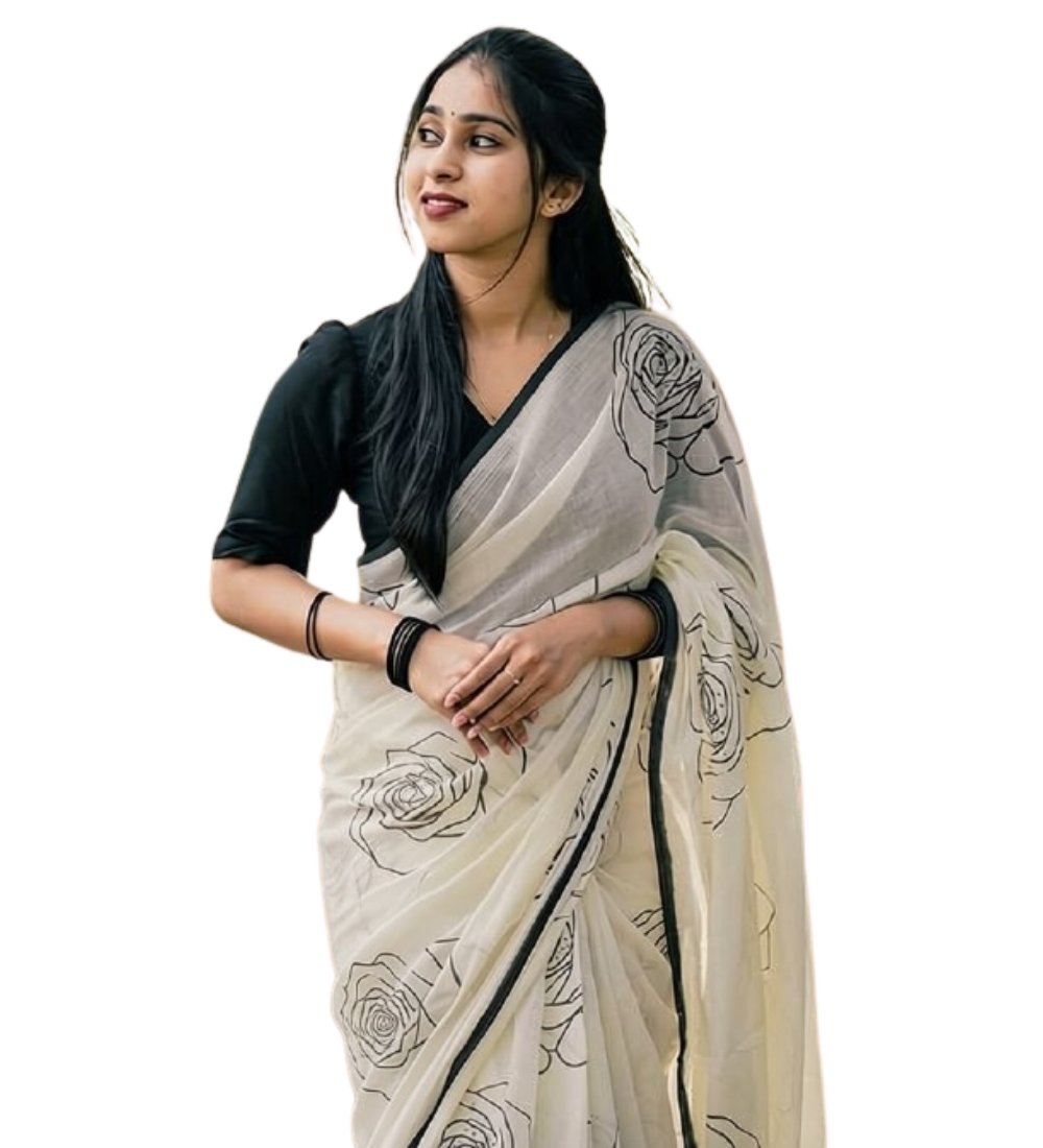 Women's Linen Floral Printed Saree With Unstitched Blouse - 5.5 Mtr (White-Black) - Image 2