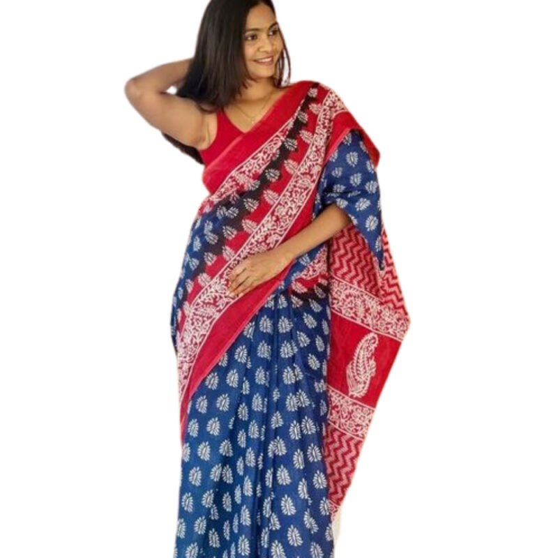 Women's Linen Printed Saree With Unstitched Blouse - 5.5 Mtr (Blue-Red) - Image 2