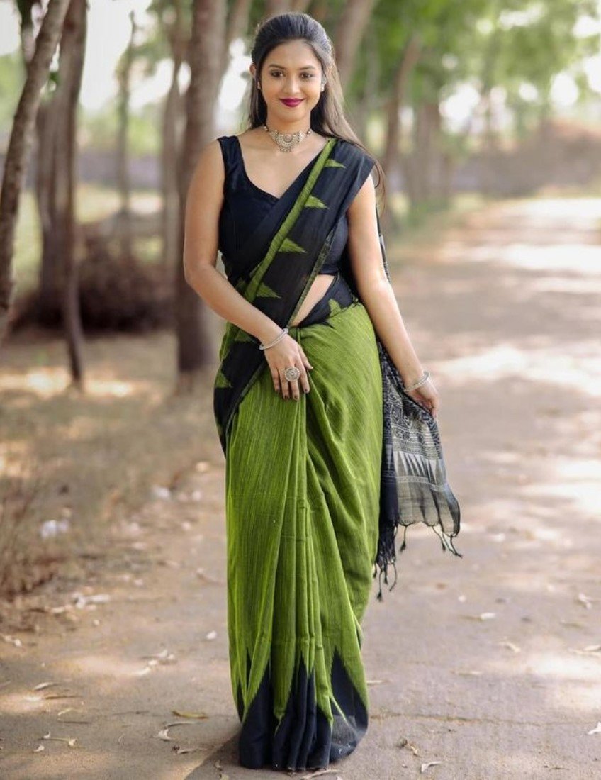 Women's Linen Kalamkari Printed Saree With Unstitched Blouse - 5.5 Mtr (Olive Green-Black)