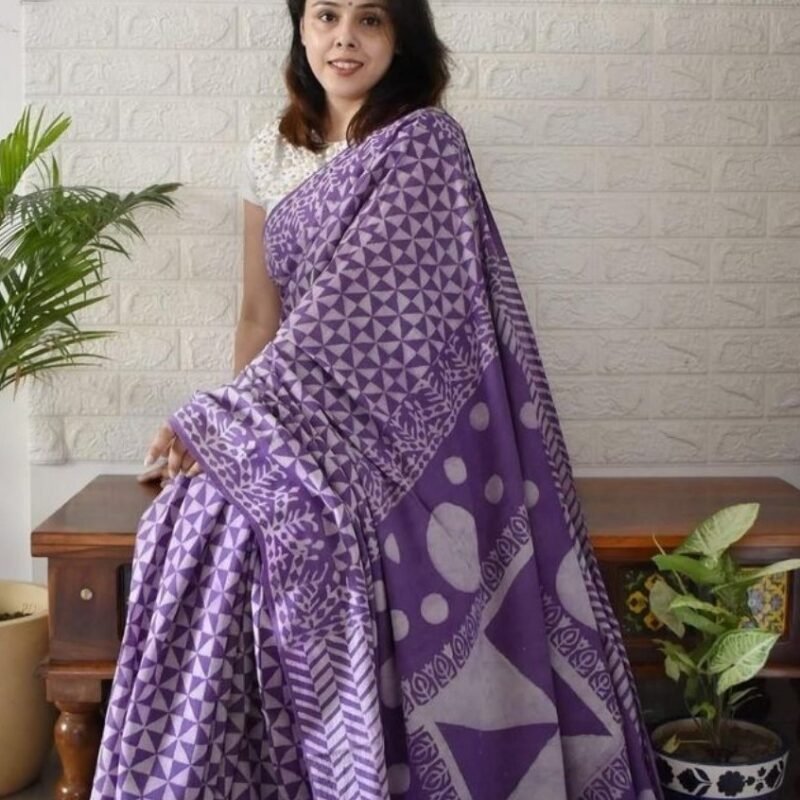 Women's Linen Printed Saree With Unstitched Blouse - 5.5 Mtr (Purple)