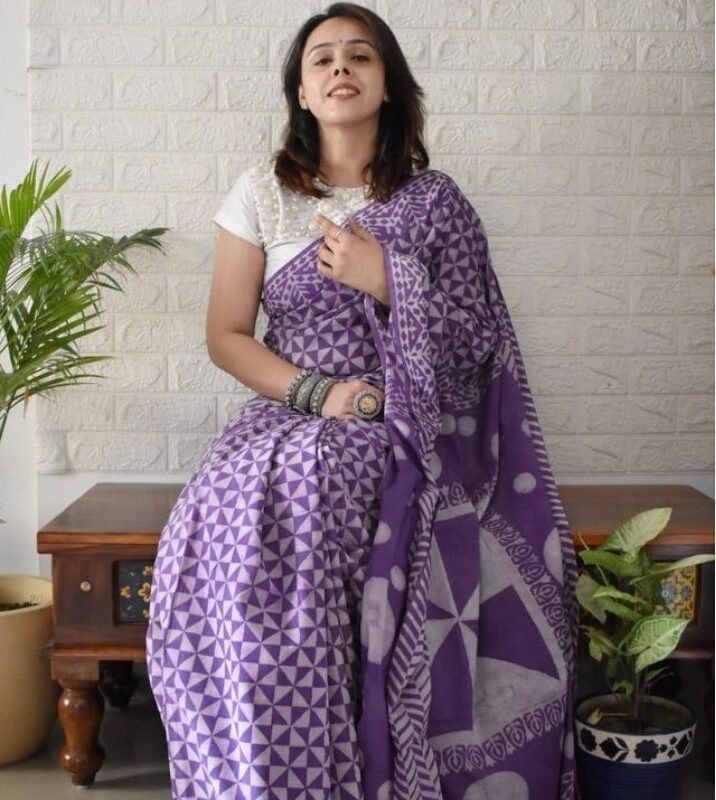 Women's Linen Printed Saree With Unstitched Blouse - 5.5 Mtr (Purple) - Image 5