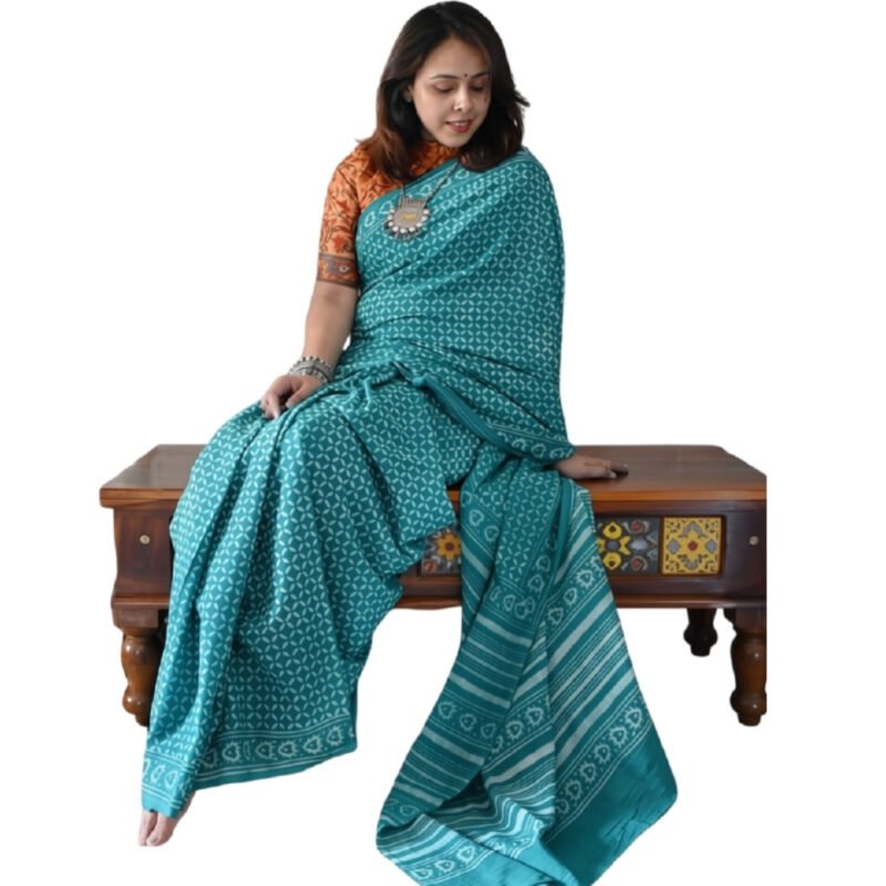 Women's Linen Printed Saree With Unstitched Blouse - 5.5 Mtr (Teal) - Image 2