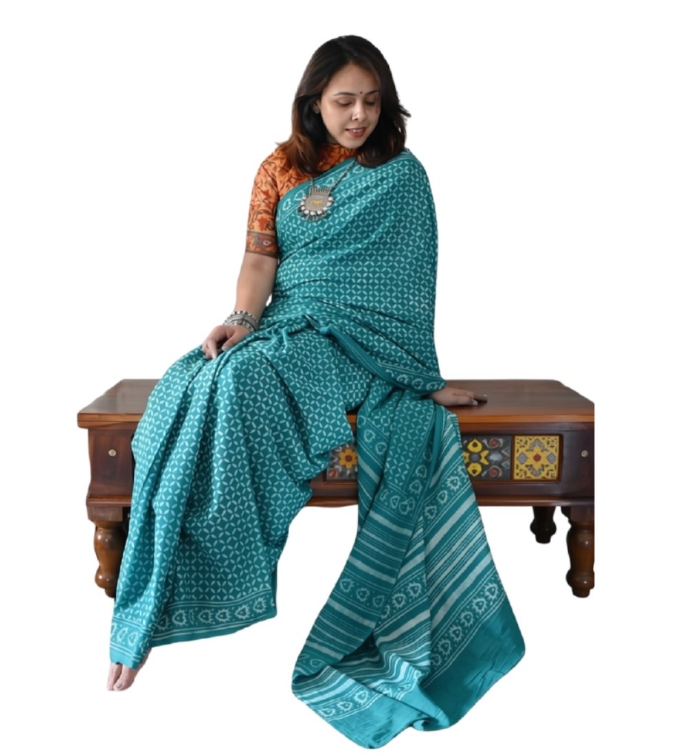 Women's Linen Printed Saree With Unstitched Blouse - 5.5 Mtr (Teal) - Image 2