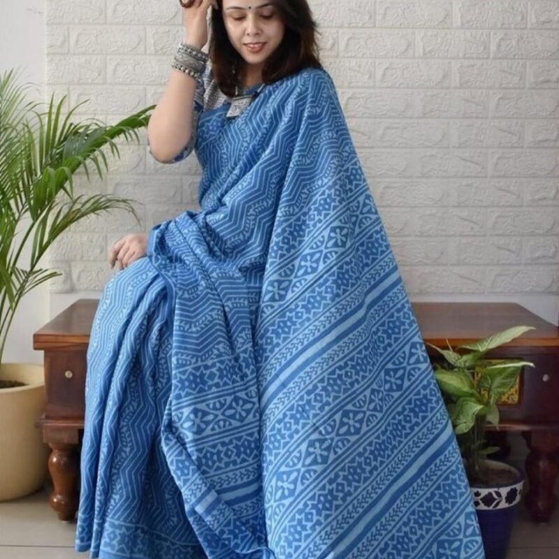 Women's Linen Printed Saree With Unstitched Blouse - 5.5 Mtr (Royal blue)