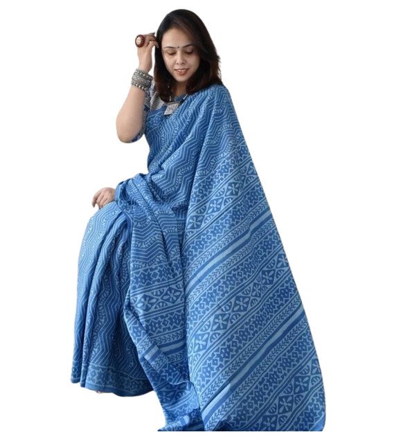 Women's Linen Printed Saree With Unstitched Blouse - 5.5 Mtr (Royal blue) - Image 2