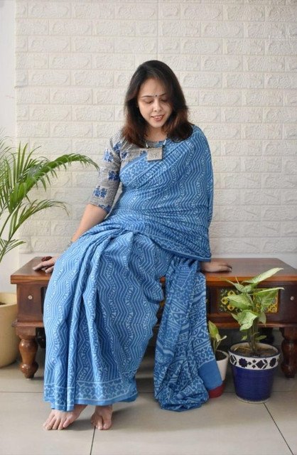 Women's Linen Printed Saree With Unstitched Blouse - 5.5 Mtr (Royal blue) - Image 3