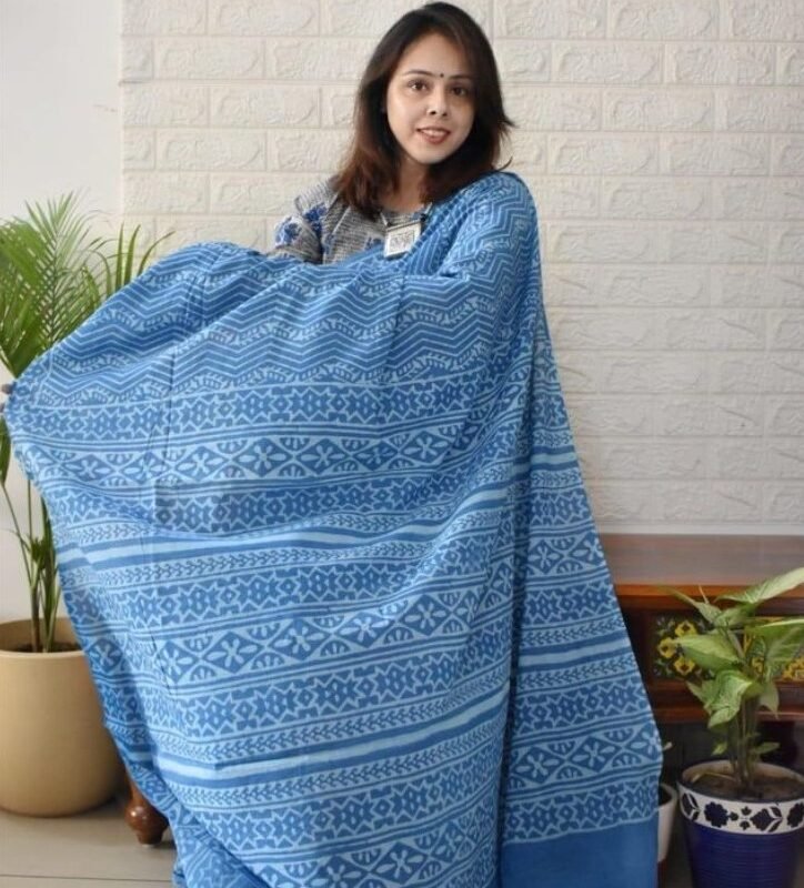 Women's Linen Printed Saree With Unstitched Blouse - 5.5 Mtr (Royal blue) - Image 5