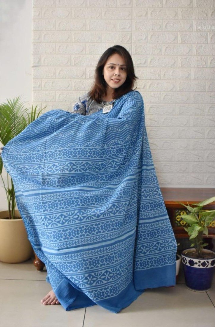 Women's Linen Printed Saree With Unstitched Blouse - 5.5 Mtr (Royal blue) - Image 5