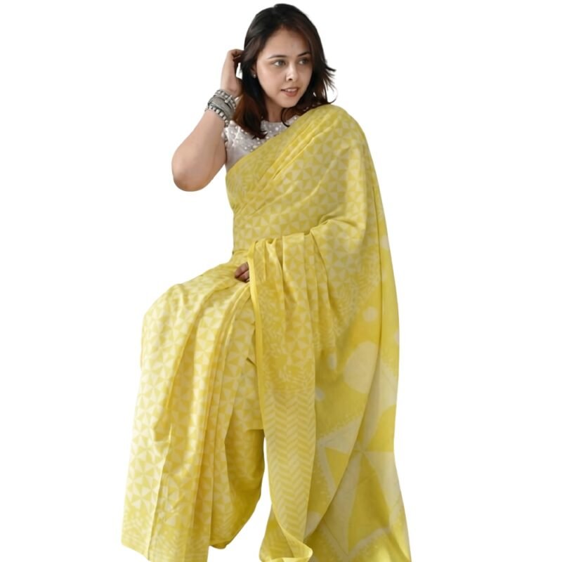 Women's Linen Printed Saree With Unstitched Blouse - 5.5 Mtr (Yellow) - Image 2