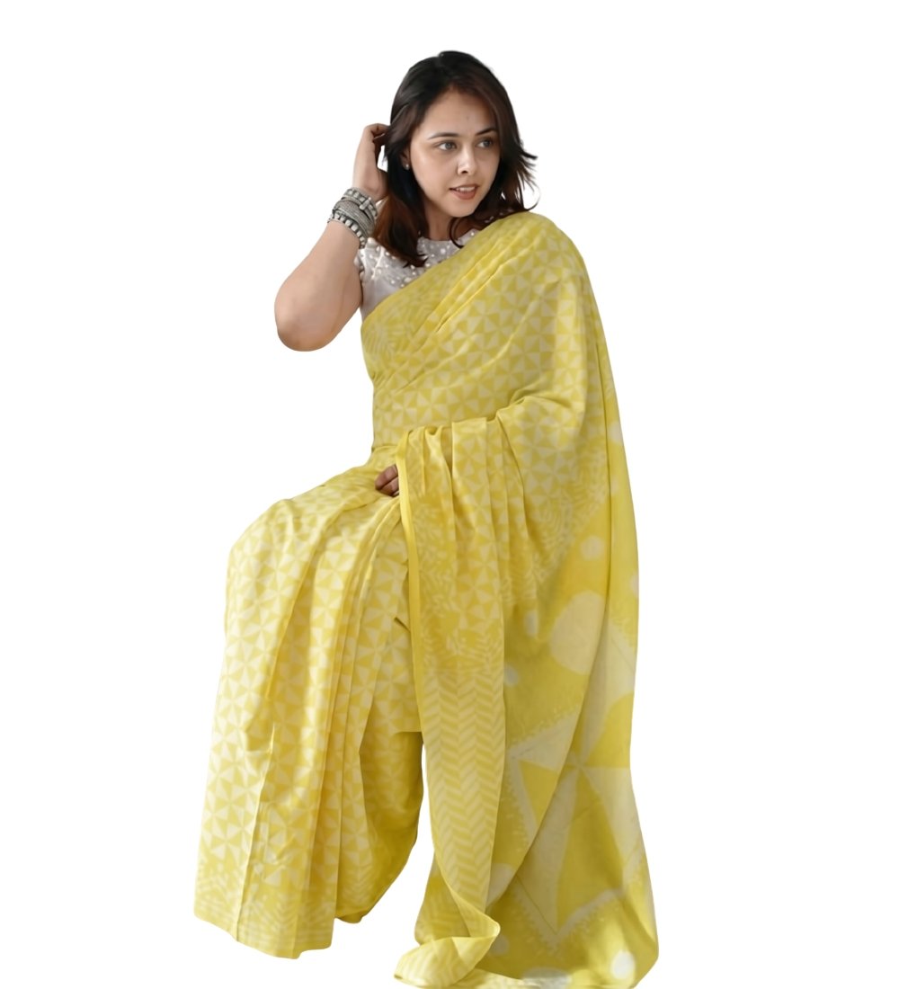 Women's Linen Printed Saree With Unstitched Blouse - 5.5 Mtr (Yellow) - Image 2