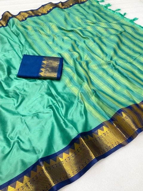 Women's Cotton Silk Striped Saree With Unstitched Blouse - 5.5 Mtr (Sea Green-Royal Blue) - Image 3