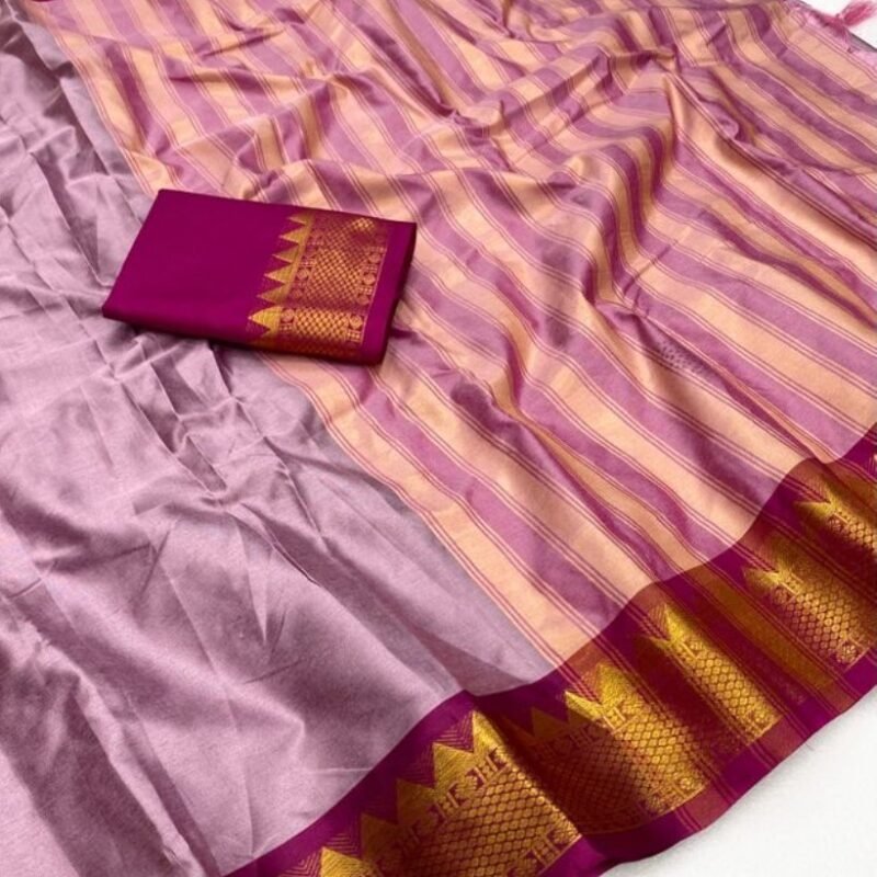 Women's Cotton Silk Striped Saree With Unstitched Blouse - 5.5 Mtr (Lavender-Maroon) - Image 3