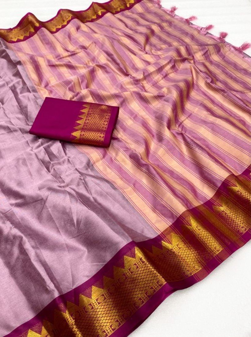 Women's Cotton Silk Striped Saree With Unstitched Blouse - 5.5 Mtr (Lavender-Maroon) - Image 3