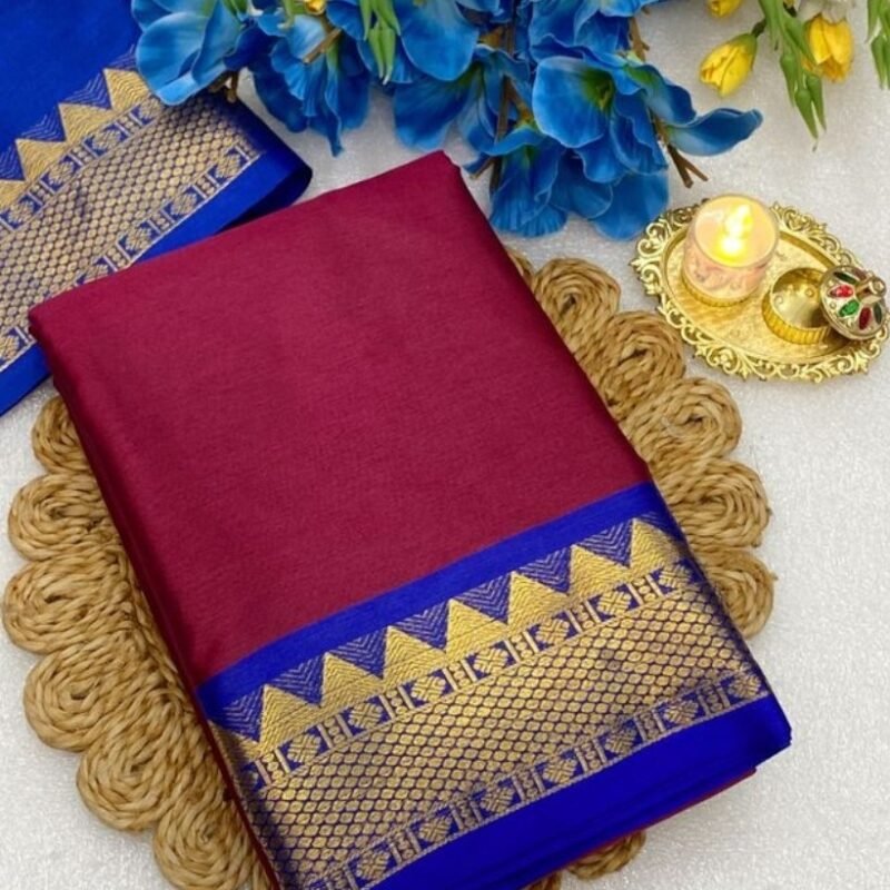 Women's Cotton Silk Striped Saree With Unstitched Blouse - 5.5 Mtr (Maroon-Royal Blue)