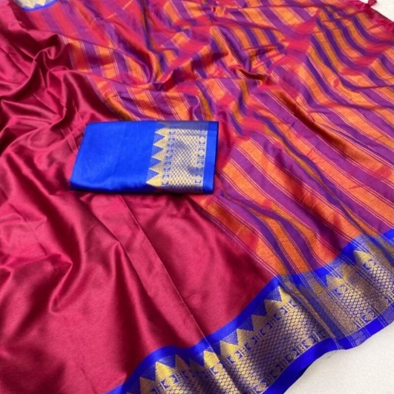 Women's Cotton Silk Striped Saree With Unstitched Blouse - 5.5 Mtr (Maroon-Royal Blue) - Image 3