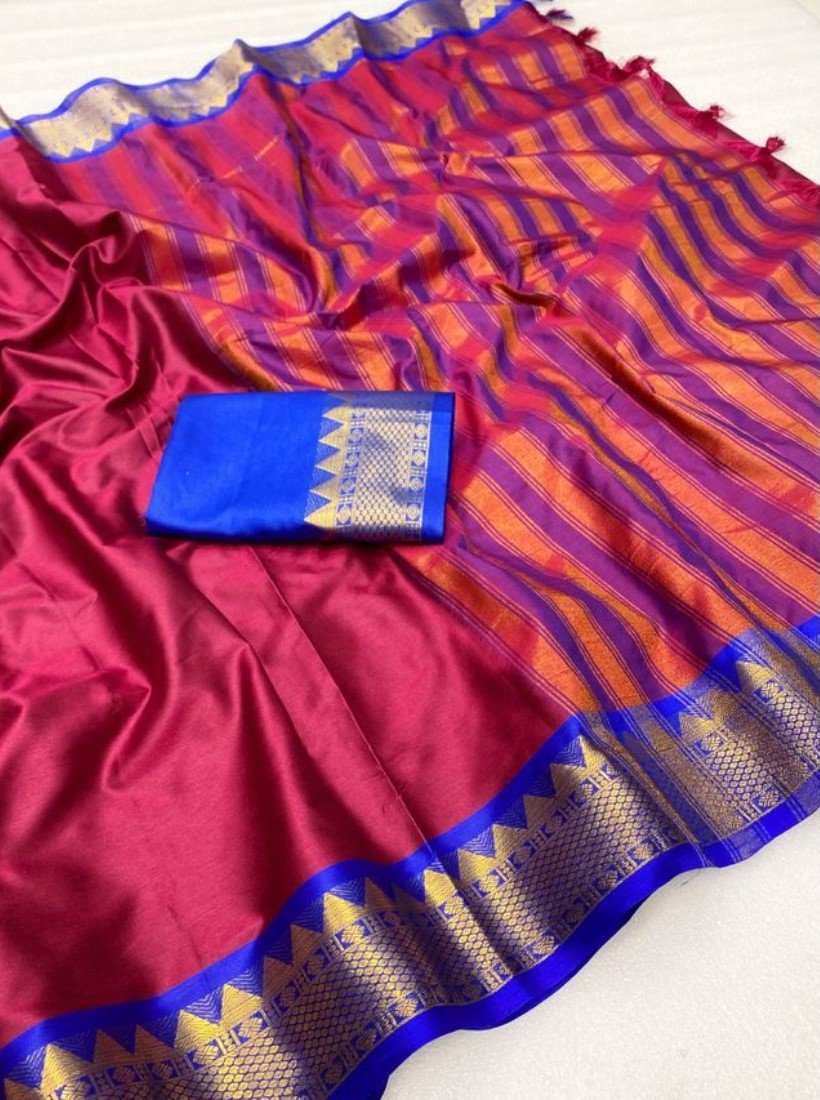 Women's Cotton Silk Striped Saree With Unstitched Blouse - 5.5 Mtr (Maroon-Royal Blue) - Image 3