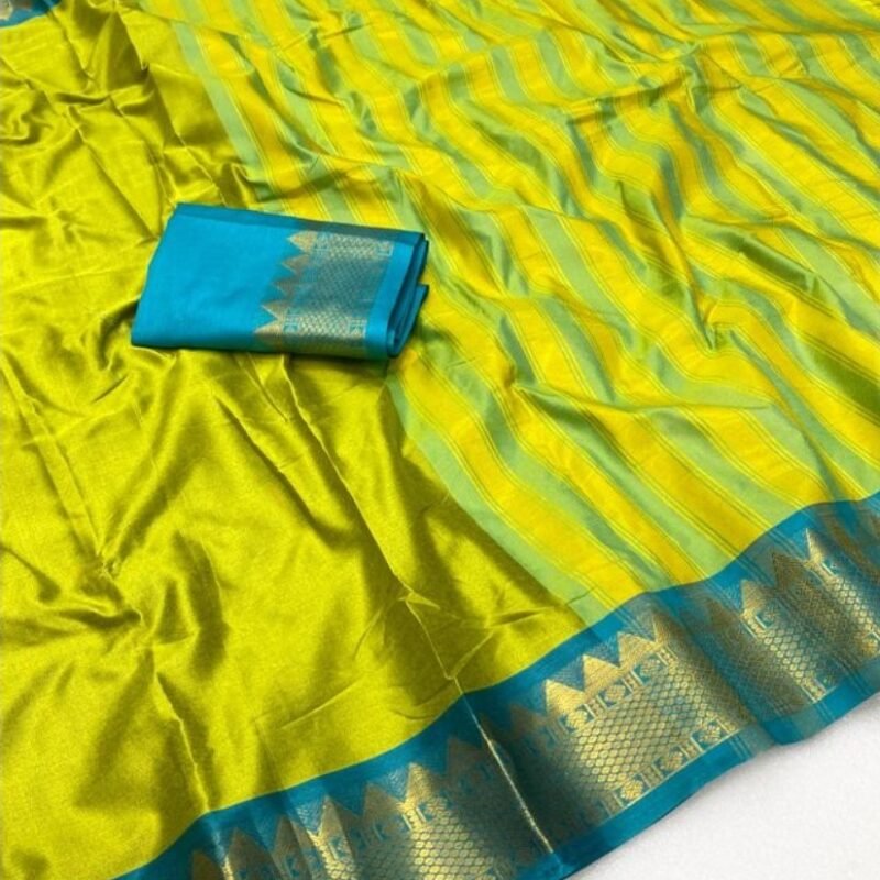 Women's Cotton Silk Striped Saree With Unstitched Blouse - 5.5 Mtr (Lemon Yellow-Teal Blue) - Image 3