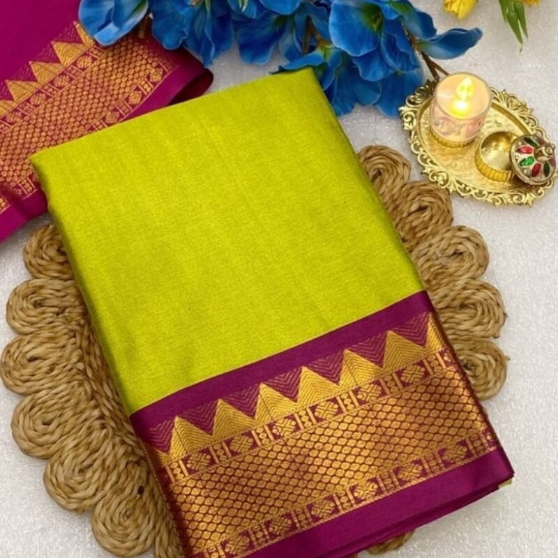 Women's Cotton Silk Striped Saree With Unstitched Blouse - 5.5 Mtr (Light Green-Purple)