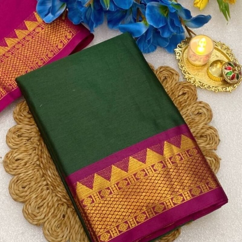 Women's Cotton Silk Striped Saree With Unstitched Blouse - 5.5 Mtr (Dark Green-Magenta)