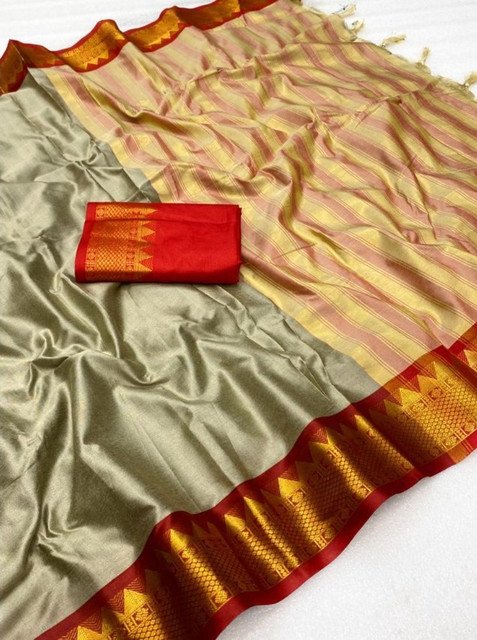 Women's Cotton Silk Striped Saree With Unstitched Blouse - 5.5 Mtr (Beige-Red) - Image 3