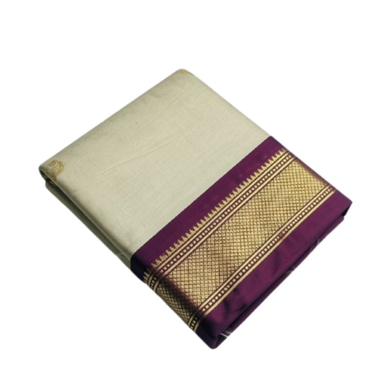 Women's Cotton Silk Solid Saree With Unstitched Blouse - 5.5 Mtr (Cream-Wine) - Image 2