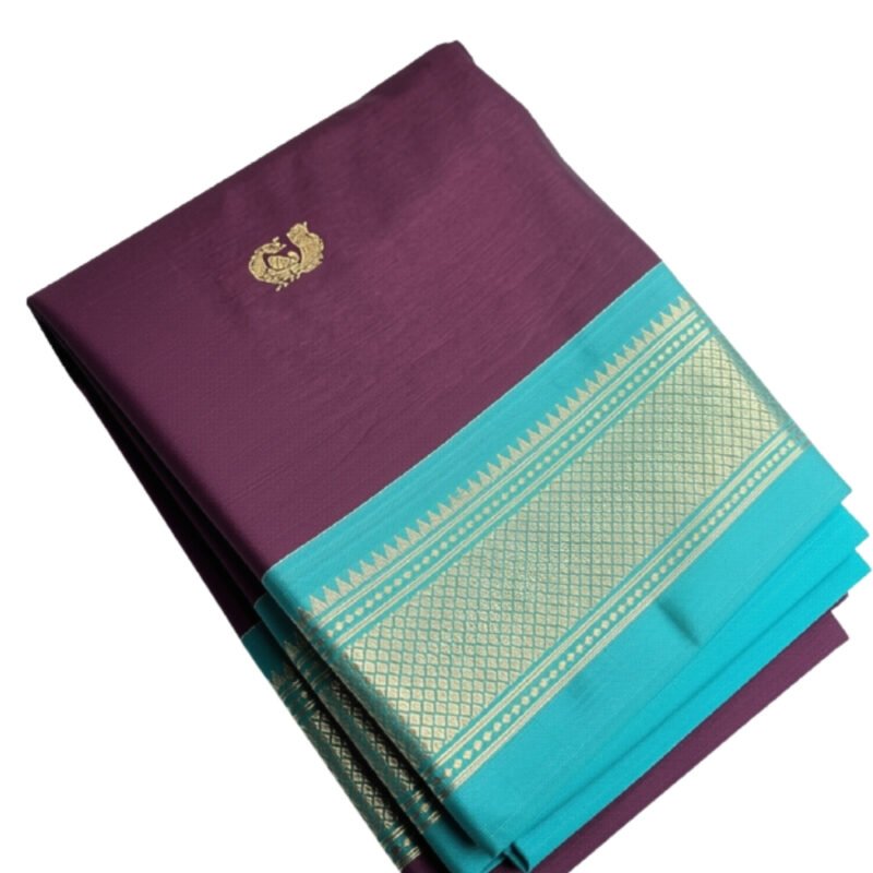 Women's Cotton Silk Solid Saree With Unstitched Blouse - 5.5 Mtr (Purple-Turquoise) - Image 2