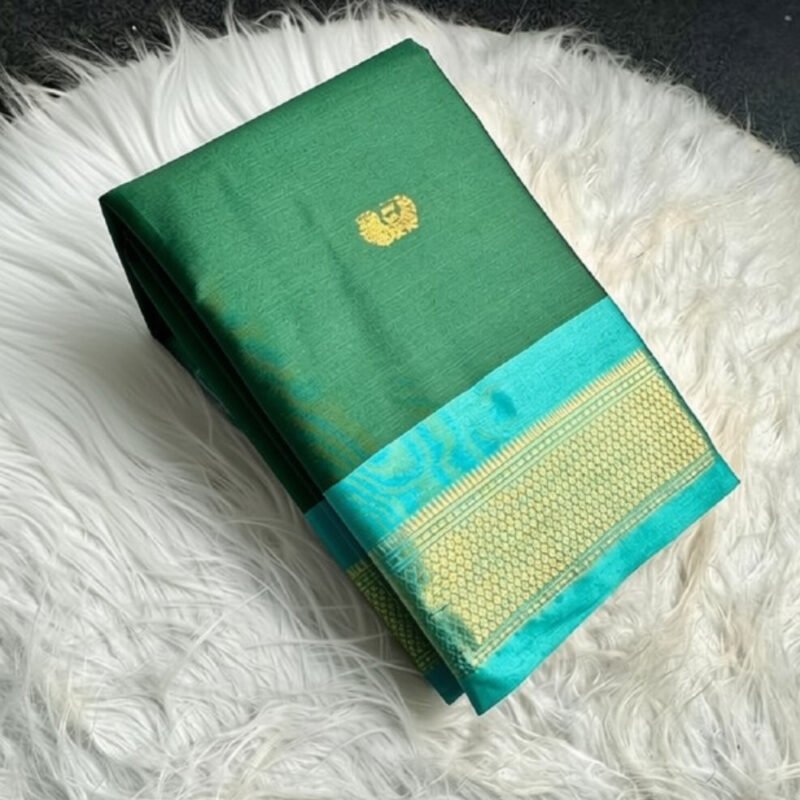 Women's Cotton Silk Solid Saree With Unstitched Blouse - 5.5 Mtr (Dark Green-Turquoise)