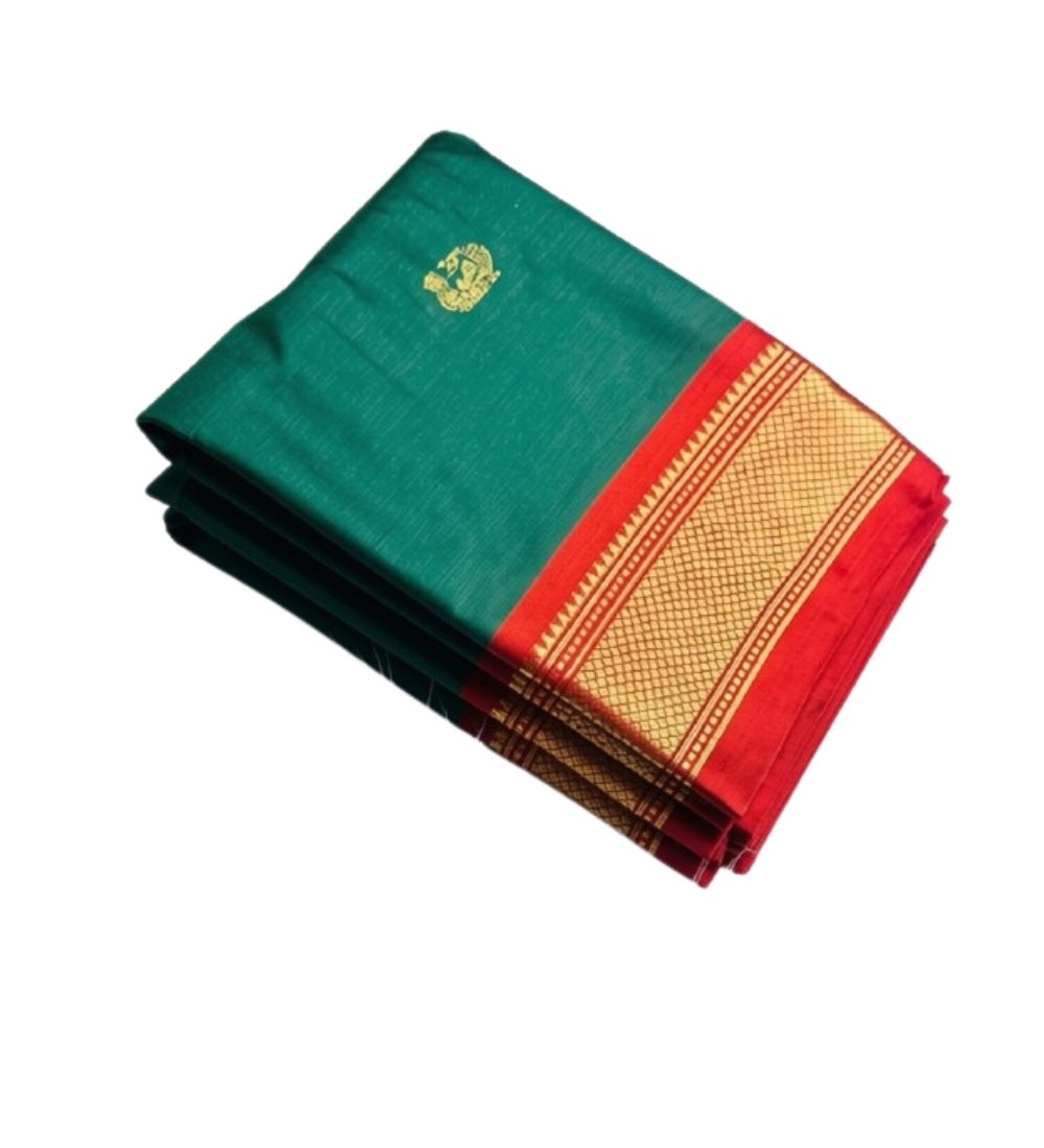 Women's Cotton Silk Solid Saree With Unstitched Blouse - 5.5 Mtr (Dark Green-Red) - Image 2