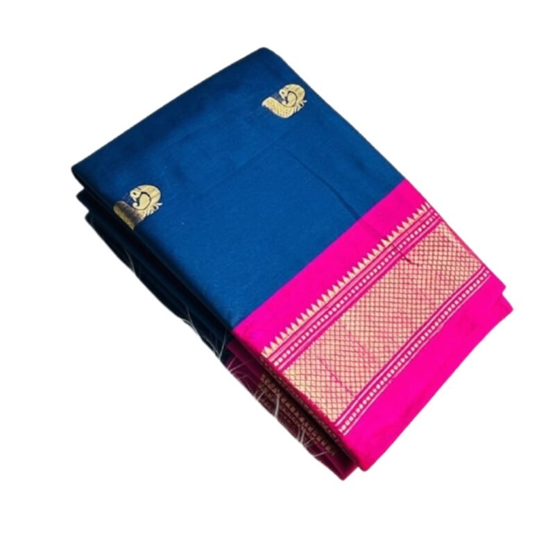 Women's Cotton Silk Solid Saree With Unstitched Blouse - 5.5 Mtr (Navy Blue-Pink) - Image 2