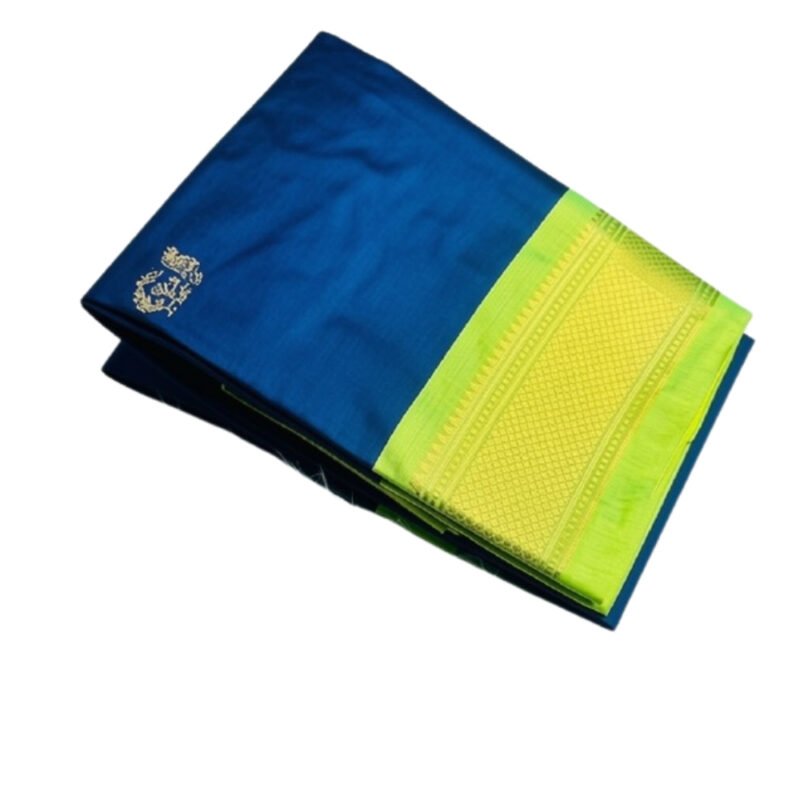 Women's Cotton Silk Solid Saree With Unstitched Blouse - 5.5 Mtr (Navy Blue-Light Green) - Image 2