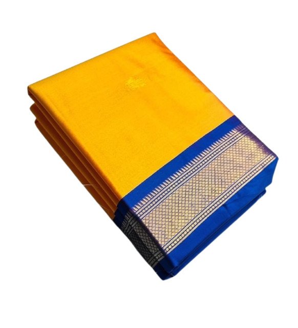 Women's Cotton Silk Solid Saree With Unstitched Blouse - 5.5 Mtr (Yellow-Blue) - Image 2