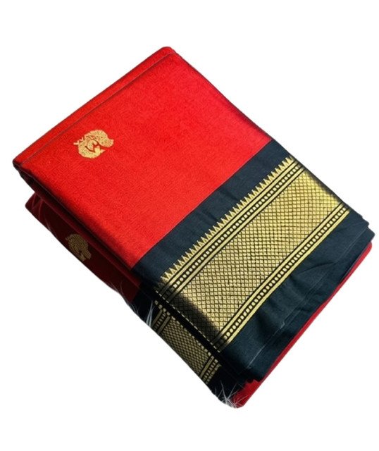 Women's Cotton Silk Solid Saree With Unstitched Blouse - 5.5 Mtr (Red-Black) - Image 2