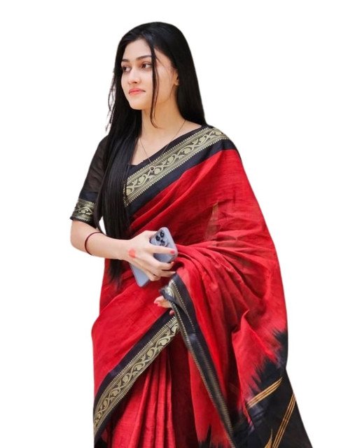 Women's Linen Striped Saree With Unstitched Blouse - 5.5 Mtr (Red-Black) - Image 2