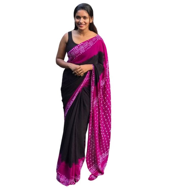Women's Linen Printed Saree With Unstitched Blouse - 5.5 Mtr (Black-Pink) - Image 2
