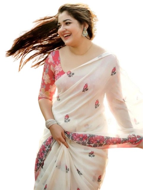 Women's Linen Floral Printed Saree With Unstitched Blouse - 5.5 Mtr (Off White) - Image 2