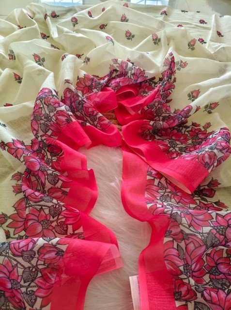 Women's Linen Floral Printed Saree With Unstitched Blouse - 5.5 Mtr (Off White) - Image 4