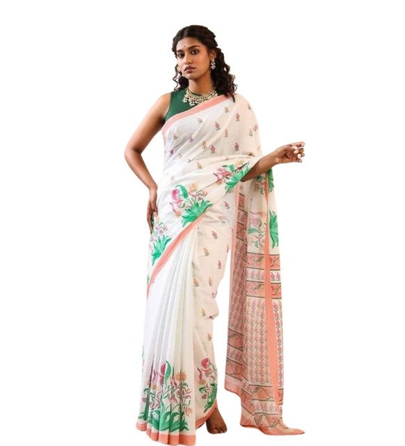 Women's Linen Floral Printed Saree With Unstitched Blouse - 5.5 Mtr (White) - Image 2