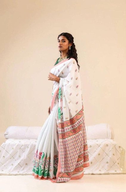 Women's Linen Floral Printed Saree With Unstitched Blouse - 5.5 Mtr (White) - Image 3