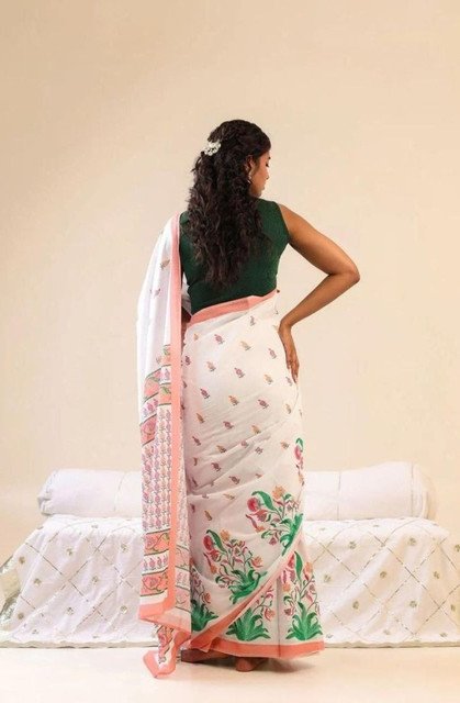 Women's Linen Floral Printed Saree With Unstitched Blouse - 5.5 Mtr (White) - Image 4