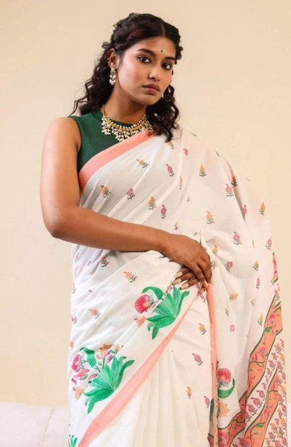 Women's Linen Floral Printed Saree With Unstitched Blouse - 5.5 Mtr (White) - Image 5